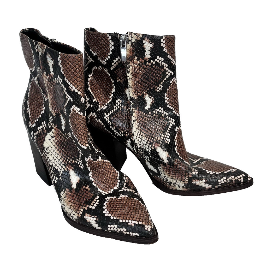 Nine West Ankle Pointy Toe Heels Boots size 7.5M Faux Snake Skin Brown Textured